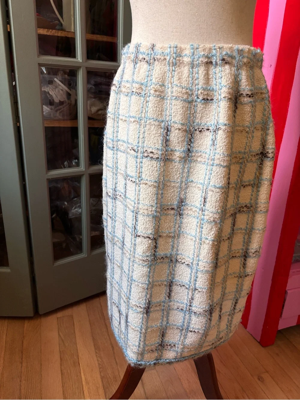 Vintage Adolfo Saks 2 Piece Wool Boucle Suit Set Plaid Skirt Jacket ILGWU USA
